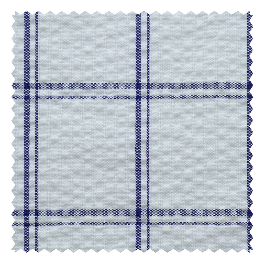 White/Blue Unbalanced Windowpane "Zefiro" Seersucker